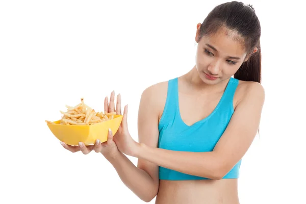 Asiática sana chica odio papas fritas, comida chatarra — Foto de Stock