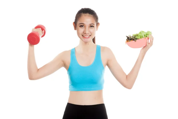Beautiful Asian healthy girl with dumbbell and salad — Stock Photo, Image