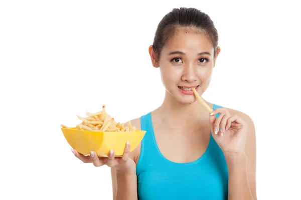 Bella asiatica ragazza sana mangiare patatine fritte — Foto Stock