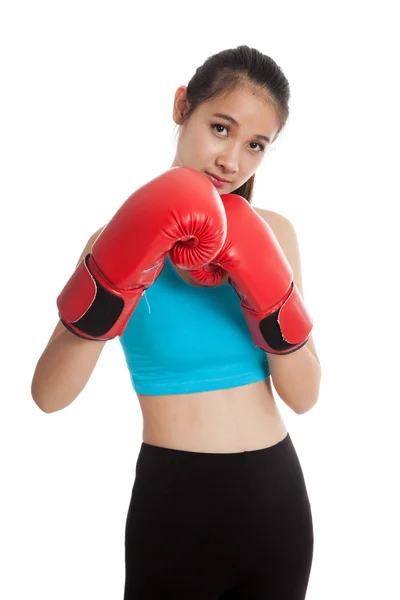 Beautiful healthy Asian girl with red boxing glove — Stock Photo, Image