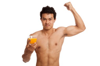 Pazı ile portakal suyu esneme kas Asyalı adam