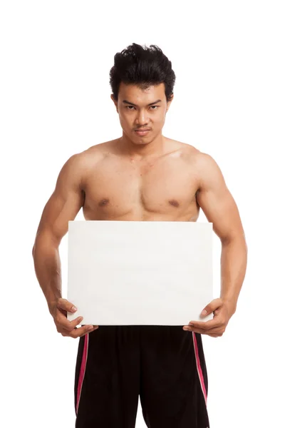 Muscular asiático hombre con blanco signo — Foto de Stock