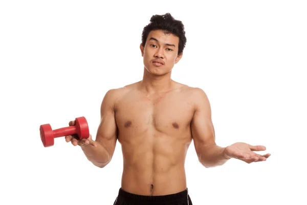 Infelice muscolare asiatico uomo con manubri — Foto Stock