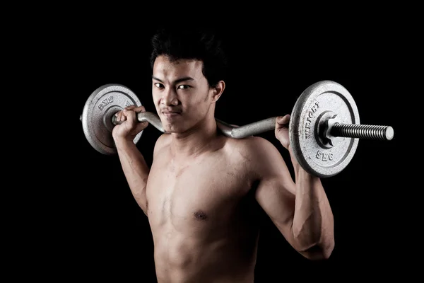 Muscular ásia homem com barbell — Fotografia de Stock