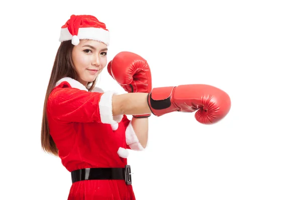 Menina asiática de Natal com roupas de Papai Noel e luva de boxe — Fotografia de Stock