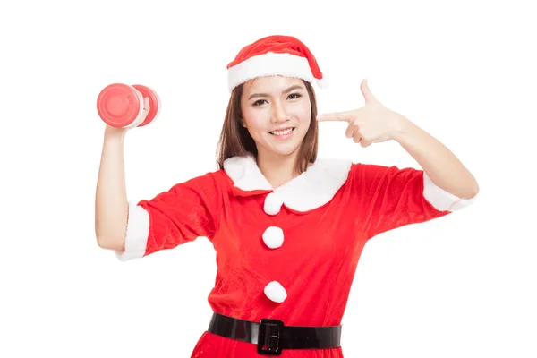 Asiatische Weihnachtsmädchen mit Weihnachtsmann Kleidung zeigen auf rote dumbb — Stockfoto