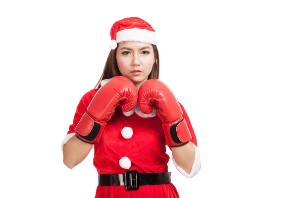 Menina asiática de Natal com roupas de Papai Noel e luva de boxe — Fotografia de Stock