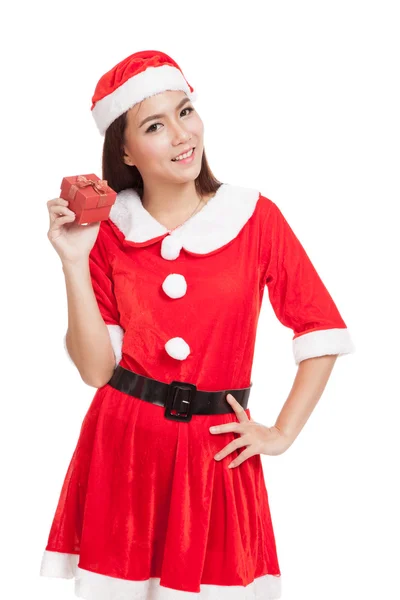 Asiática chica de Navidad con Santa Claus ropa y caja de regalo roja — Foto de Stock