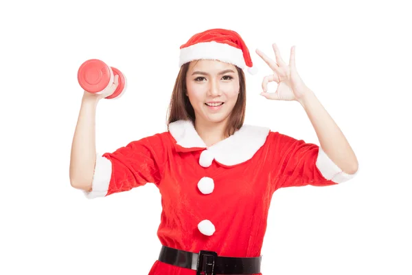 Asiático Natal menina mostrar Ok com a roupa de Papai Noel e vermelho du — Fotografia de Stock