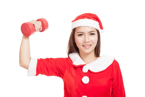 Asiatische Weihnachtsmädchen mit Weihnachtsmann Kleidung und roter Hantel — Stockfoto