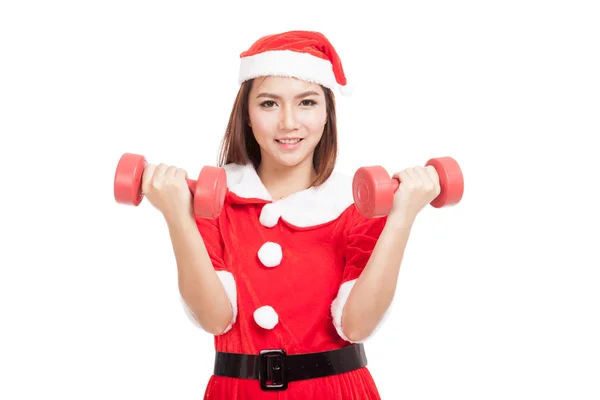 Boże Narodzenie azjatycki dziewczyna z Santa Claus ubrania i czerwony hantle — Zdjęcie stockowe