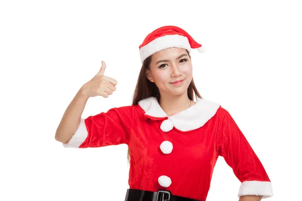 Asian Christmas girl with Santa Claus clothes thumbs up — Stock Photo, Image