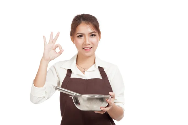 Asian baker girl with whisk and bowl show OK sign — Stock Photo, Image