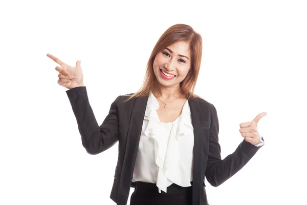 Young Asian business woman point and thumbs up — Stock Photo, Image