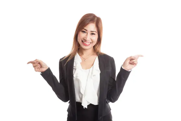 Young Asian business woman point to left and right — Stock Photo, Image