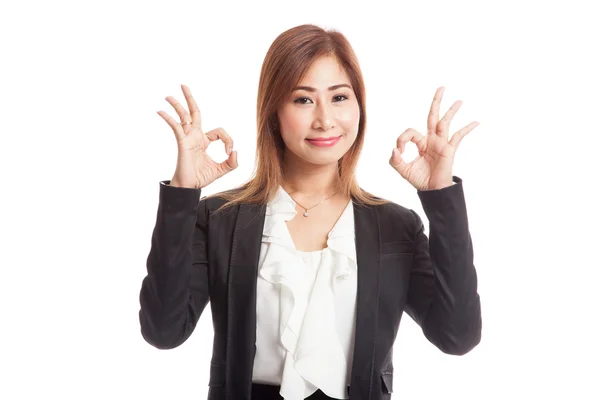 Asian business woman show double OK hand sign  and smile — Stock Photo, Image