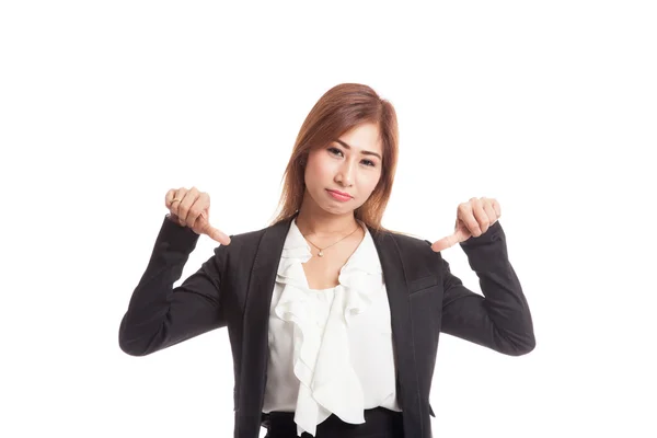 Feliz asiático oficina chica mostrar pulgares abajo con ambos manos —  Fotos de Stock
