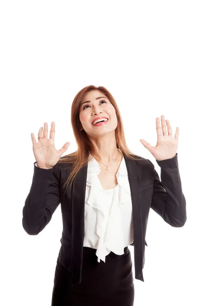 Excited young Asian business woman look up — Stock Photo, Image