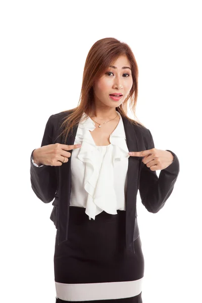 Young Asian woman point at herself ask why me — Stock Photo, Image