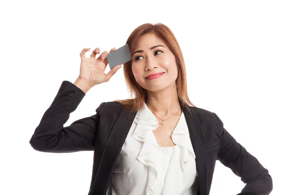 Young Asian business woman think with a blank card — Stock Photo, Image