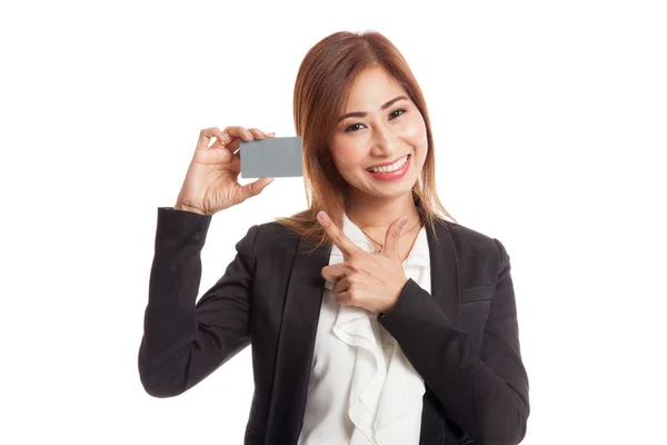 Young Asian business woman point to a blank card — Stock Photo, Image