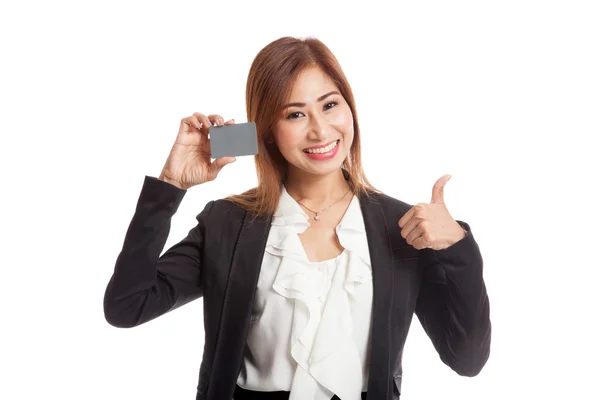 Young Asian business woman thumbs up with a blank card — Stock Photo, Image