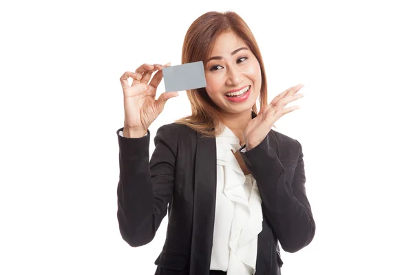 Young Asian business woman happy with  blank card — Stock Photo, Image