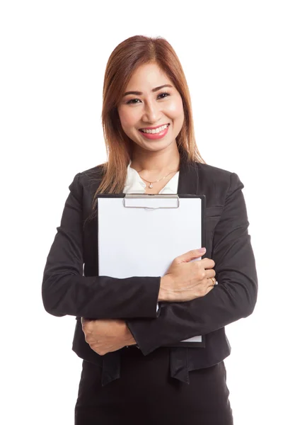 Young Asian business woman hold clipboard — Stock Photo, Image