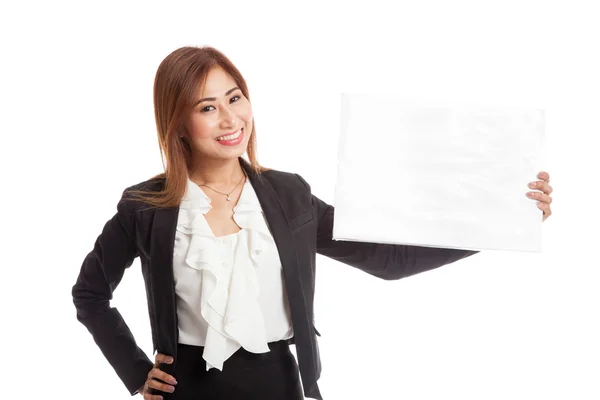 Mladé asijské obchodní žena s bílým prázdný znak — Stock fotografie