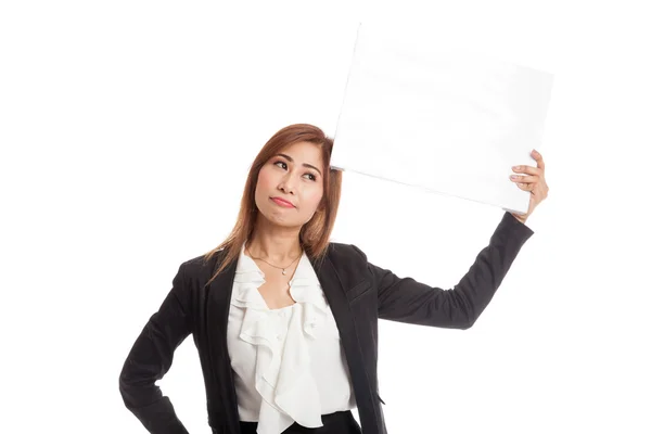 Młody azjatycki biznes kobieta z biały znak puste — Zdjęcie stockowe
