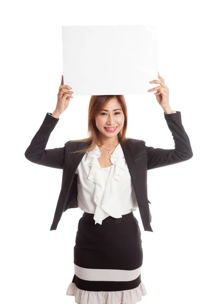 Young Asian business woman with  white blank sign — Stock Photo, Image