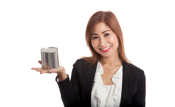 Young Asian business woman with a  coin bank — Stock Photo, Image