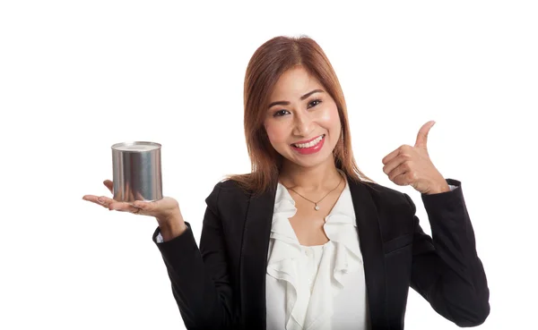 Asian business woman thumbs up with coin bank — Stock Photo, Image