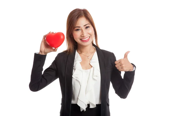 Aziatische zakelijke vrouw duimen omhoog met rood hart — Stockfoto