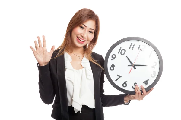 Χαρούμενος νεαρός Ασιατικός επιχειρησιακός γυναίκα με ένα ρολόι — Φωτογραφία Αρχείου