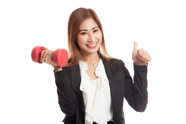 Healthy Asian business woman thumbs up with dumbbells — Stock Photo, Image