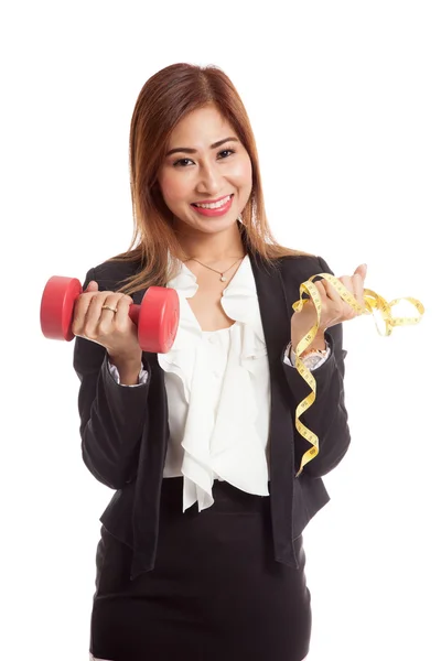 Healthy Asian business woman with dumbbells and measuring tape — Stock Photo, Image