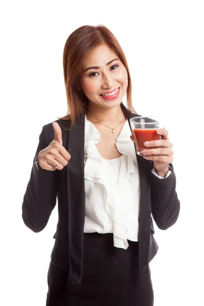 Giovane asiatico business donna pollice su con succo di pomodoro — Foto Stock