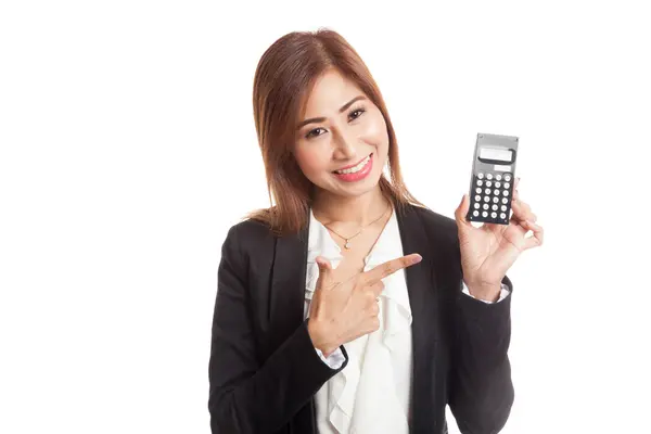 Asian business woman point to  calculator — Stock Photo, Image