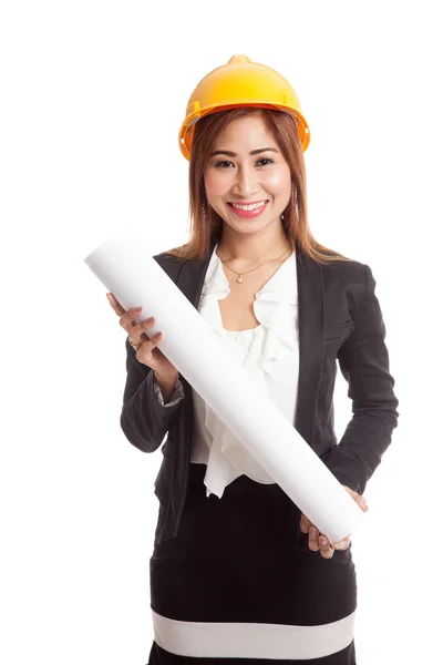 Azjatycki inżynier kobieta z plany — Zdjęcie stockowe