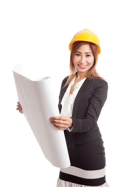 Asian engineer woman with blueprints — Stock Photo, Image