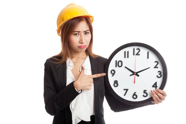 Asiático ingeniero mujer de mal humor con un reloj —  Fotos de Stock