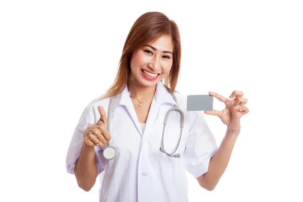 Asian young female doctor show thumbs up with blank card — Stock Photo, Image