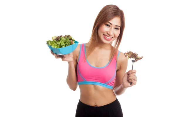 Beautiful Asian healthy girl enjoy eating  salad — Stock Photo, Image