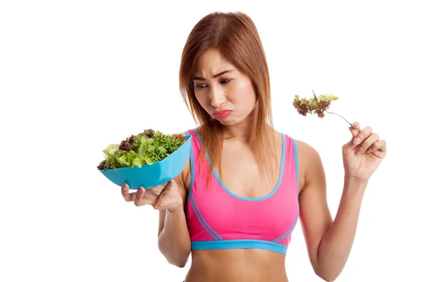 Unhappy Asian healthy girl eat salad — Stock Photo, Image