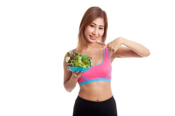 Beautiful Asian healthy girl point to salad — Stock Photo, Image