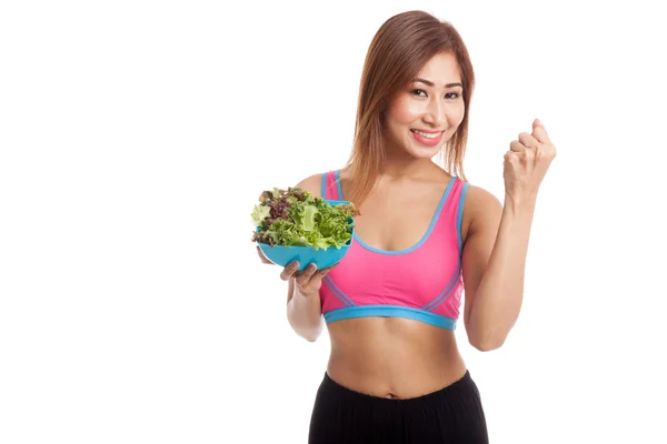 Beautiful Asian healthy girl fist up with salad — Stock Photo, Image