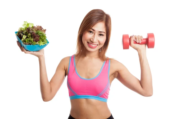 Beautiful Asian healthy girl with dumbbell and salad — Stock Photo, Image