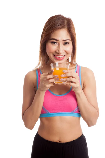 Όμορφο κορίτσι της Ασίας υγιή πίνοντας χυμό πορτοκαλιού — Φωτογραφία Αρχείου