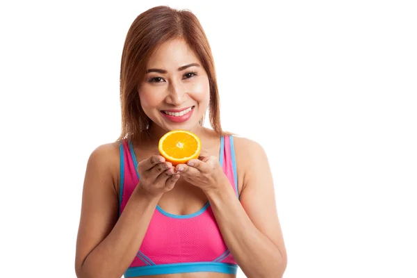 오렌지 과일 아름 다운 아시아 건강 한 소녀 — 스톡 사진
